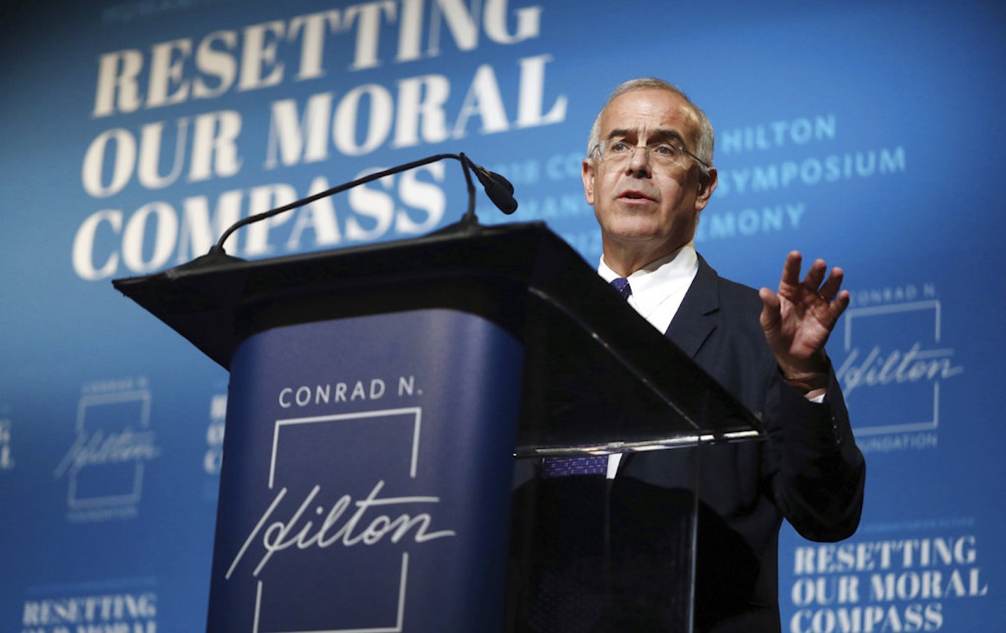 David Brooks delivers remarks at the 2018 Hilton Humanitarian Symposium and Prize Ceremony at the Beverly Hilton in Beverly Hills, California, on Friday, Octover 19, 2018.