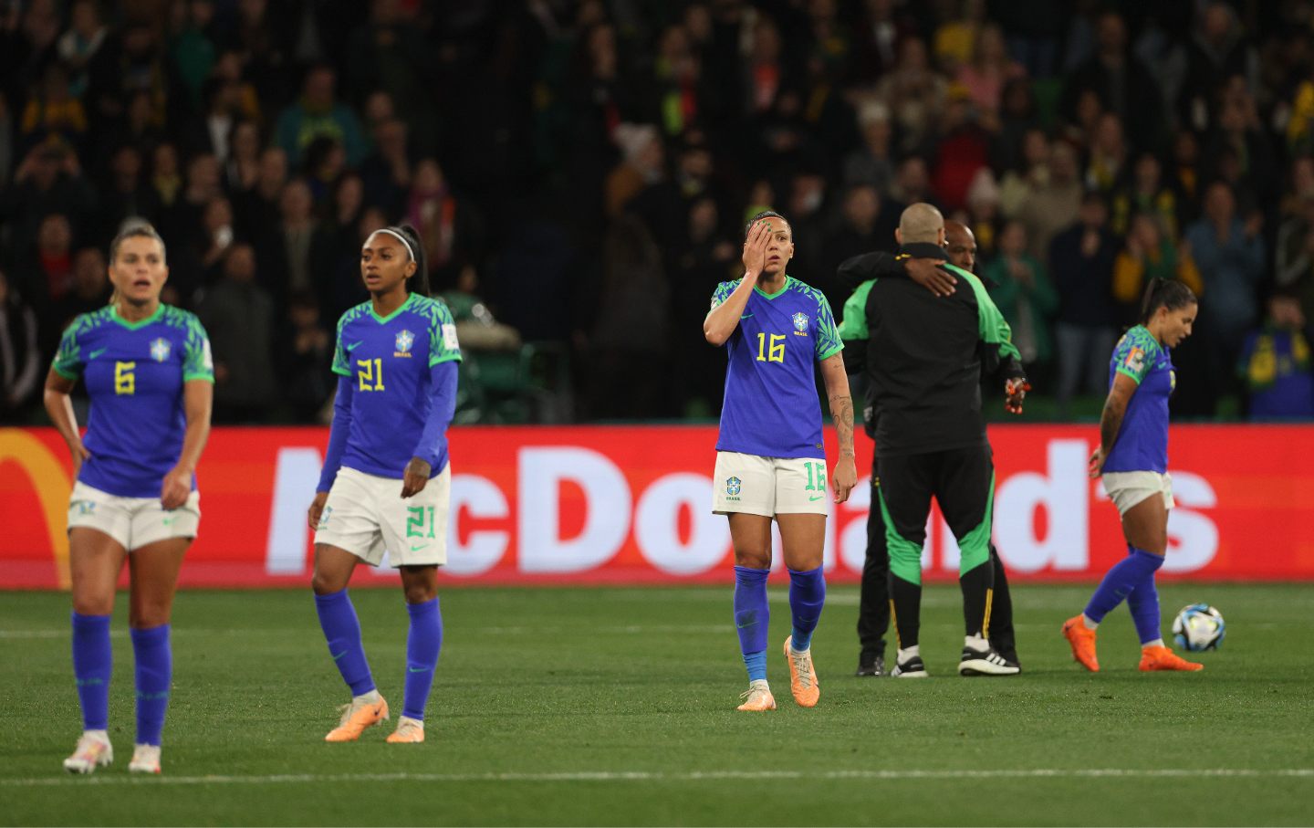 Members of Brazil's women's national team walk off the field after being knocked out of the 2023 tournament in Melbourne, Australia, on August 2, 2023.