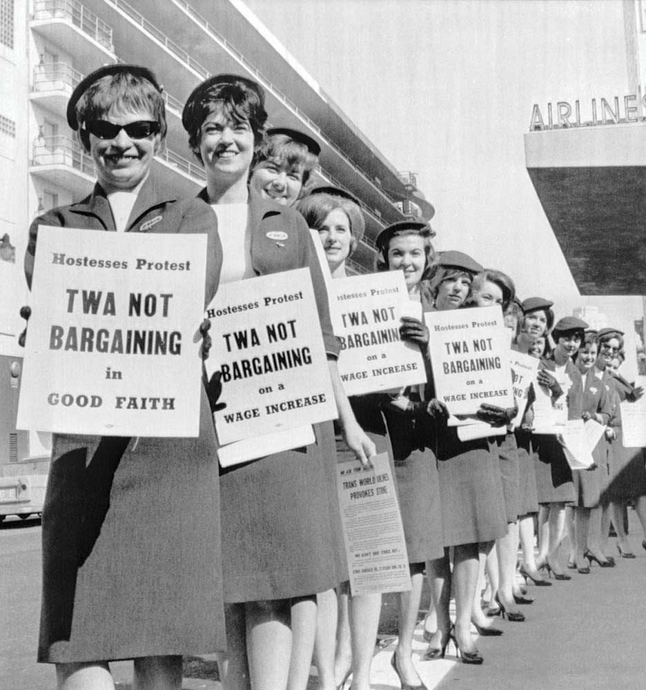 History of discrimination: Flight attendants at TWA picketed in 1965 in protest of the airline’s policy mandating them to retire at age 35.