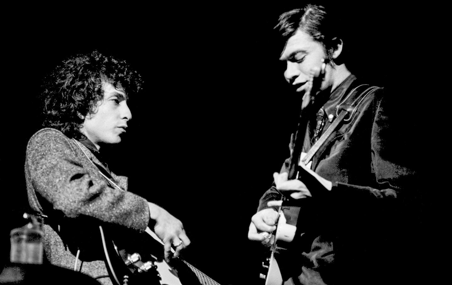 Bob Dylan and Robbie Robertson at the Academy of Music in 1966.