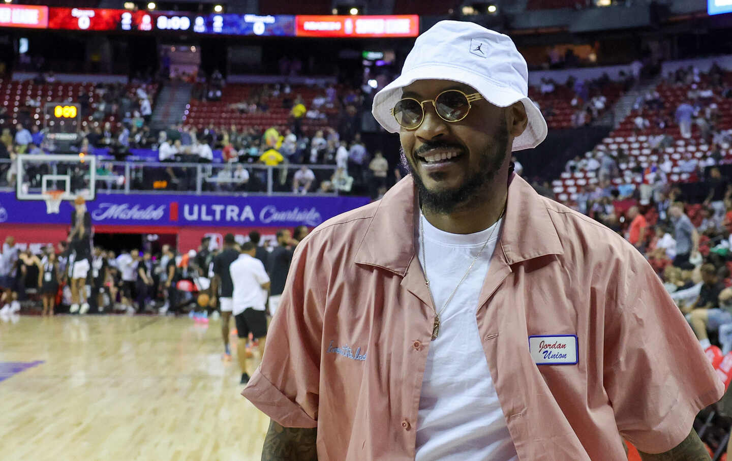 Carmelo Anthony attends a 2023 NBA Summer League game between the Portland Trail Blazers and the Charlotte Hornets at the Thomas & Mack Center on July 11, 2023, in Las Vegas, Nevada.