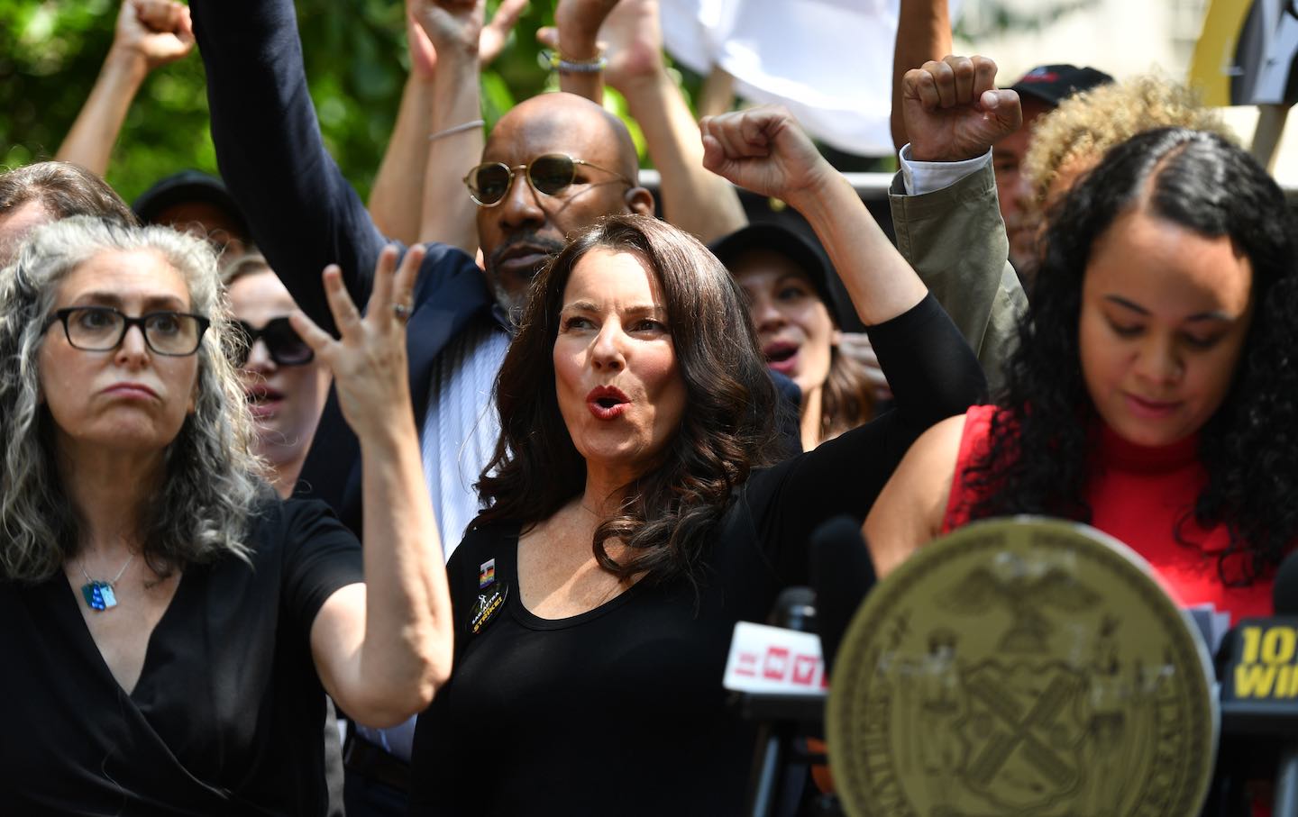 SAG-AFTRA President Fran Drescher speaks at a New York City Council hearing press conference at City Hall Park on August 1, 2023 in New York City.