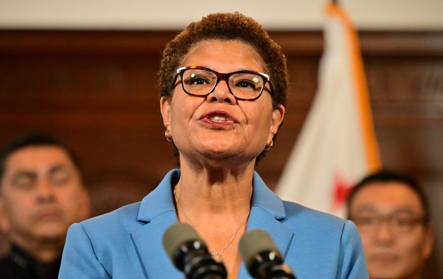 Los Angeles Mayor Karen Bass speaks during a press conference to announce new efforts to curb recent retail thefts on August 17, 2023.