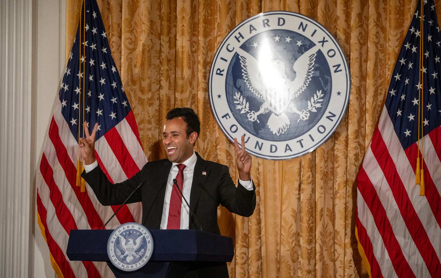 GOP presidential candidate Vivek Ramaswamy speaks at the Nixon Library on Thursday, Aug. 17, 2023, in Yorba Linda, CA.