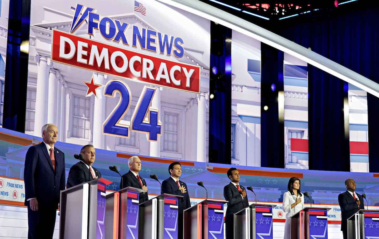 2024 Republican presidential candidates, from left, Asa Hutchinson, Chris Christie, former Vice President Mike Pence, Ron DeSantis, Vivek Ramaswamy, Nikki Haley, Senator Tim Scott, and Doug Burgum during the Republican primary presidential debate hosted by Fox News in Milwaukee, Wisconsin, US, on August 23, 2023.