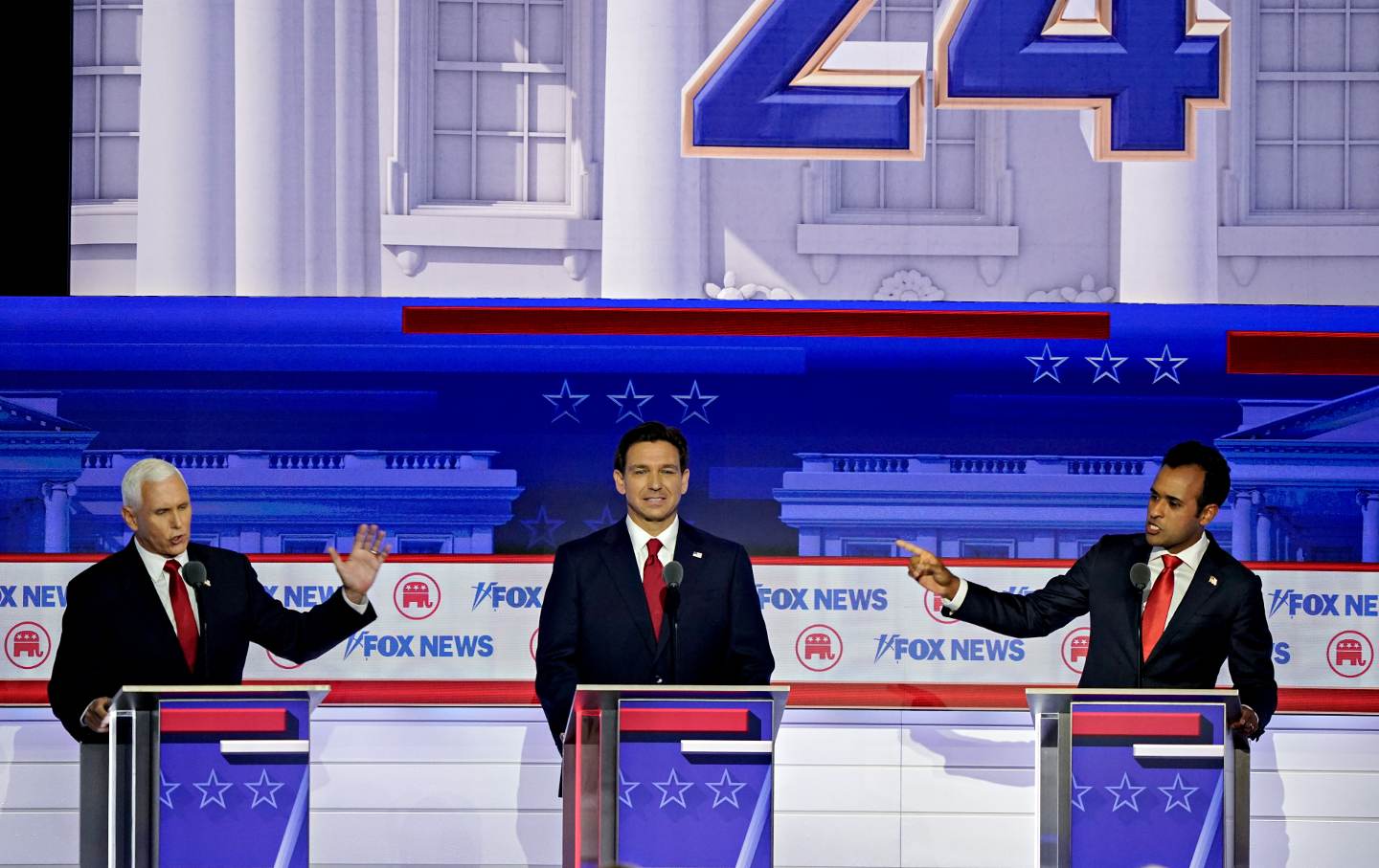 Mike Pence, Ron DeSantis, and Vivek Ramaswamy at the first GOP 2024 presidential debate in Milwaukee on August 23, 2023.