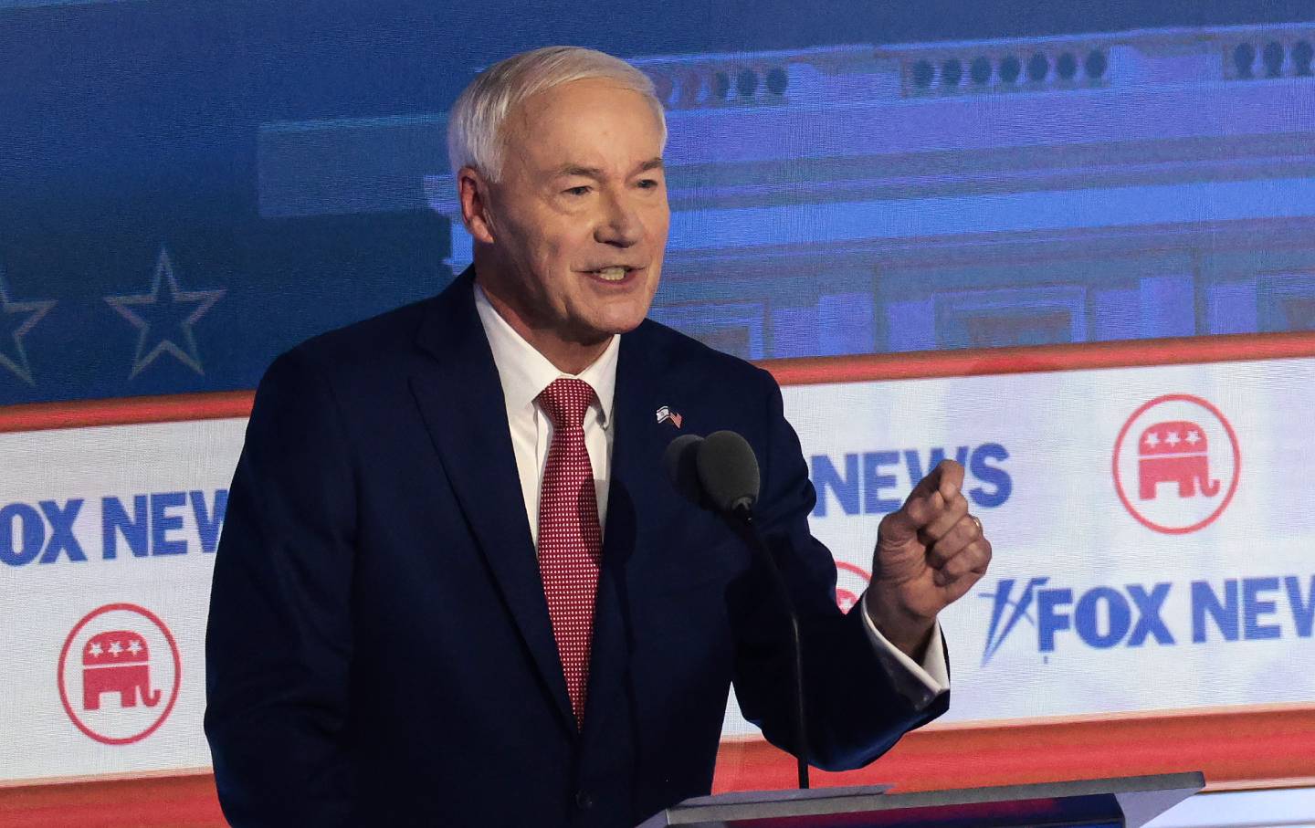 Asa Hutchinson at the Republican presidential debate in Milwaukee on August 23, 2023.