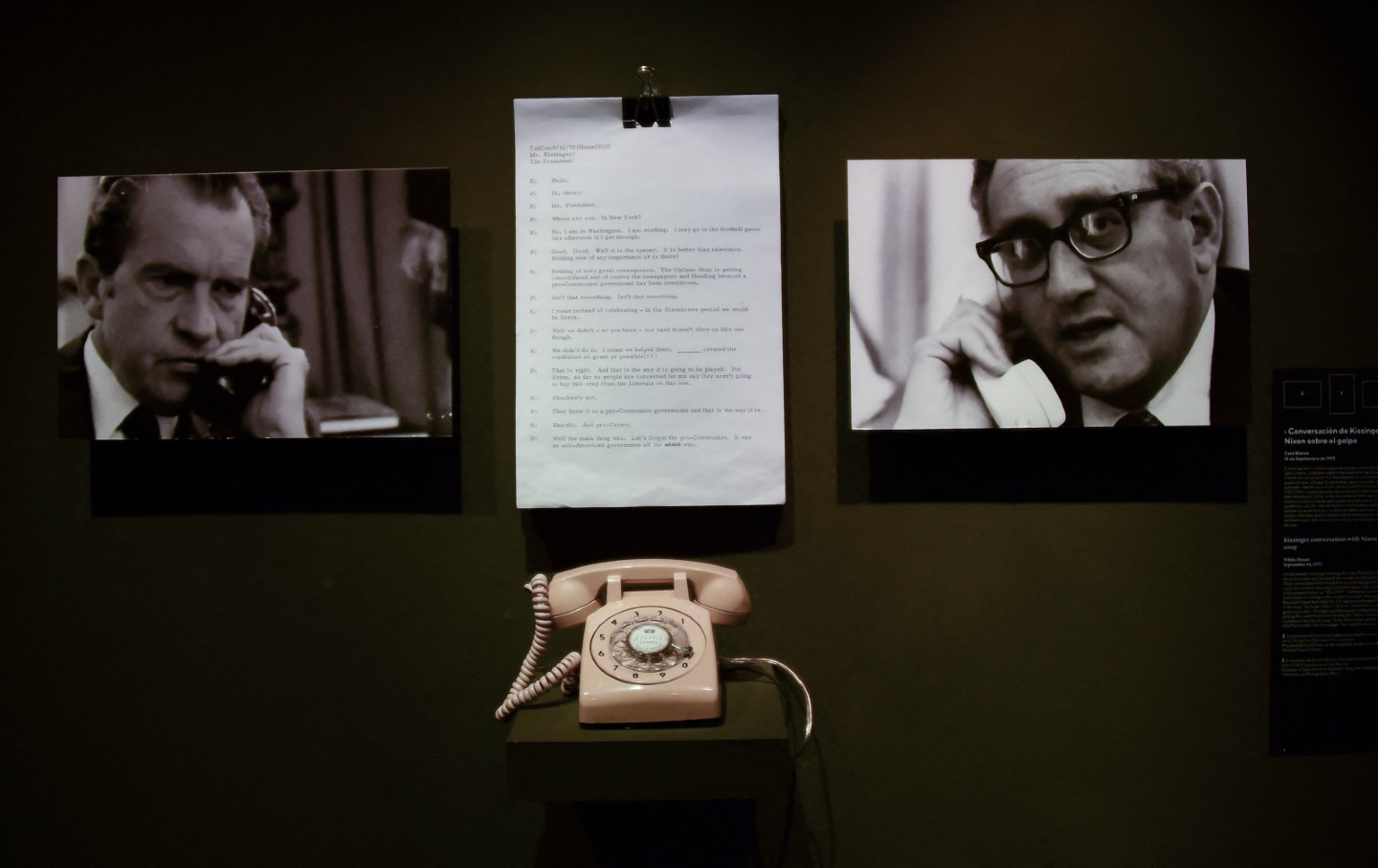 Photographs of Richard Nixon and Henry Kissinger displayed during “Secrets of State: The Declassified History of the Chilean Dictatorship,” an exhibition at the Museum of Memory and Human Rights in Santiago, Chile.
