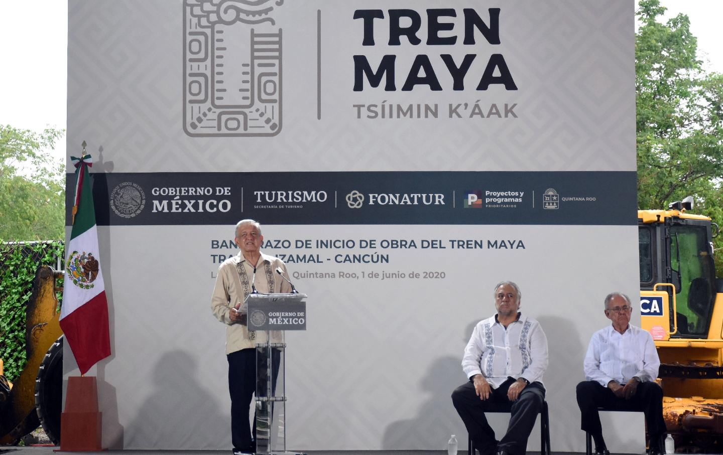 Mexican President Andres Manuel Lopez Obrador speaks during the laying of the first stone of the Tren Maya tourist line, in El Ideal, Quintana Roo State, Mexico, on June 1, 2020.