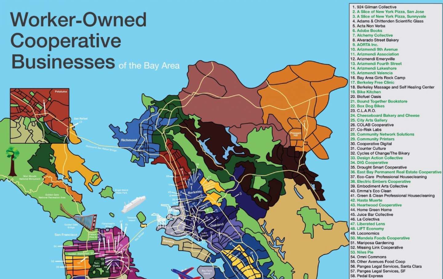 A map of worker-owned cooperative businesses in the bay area from NoBAWC's website