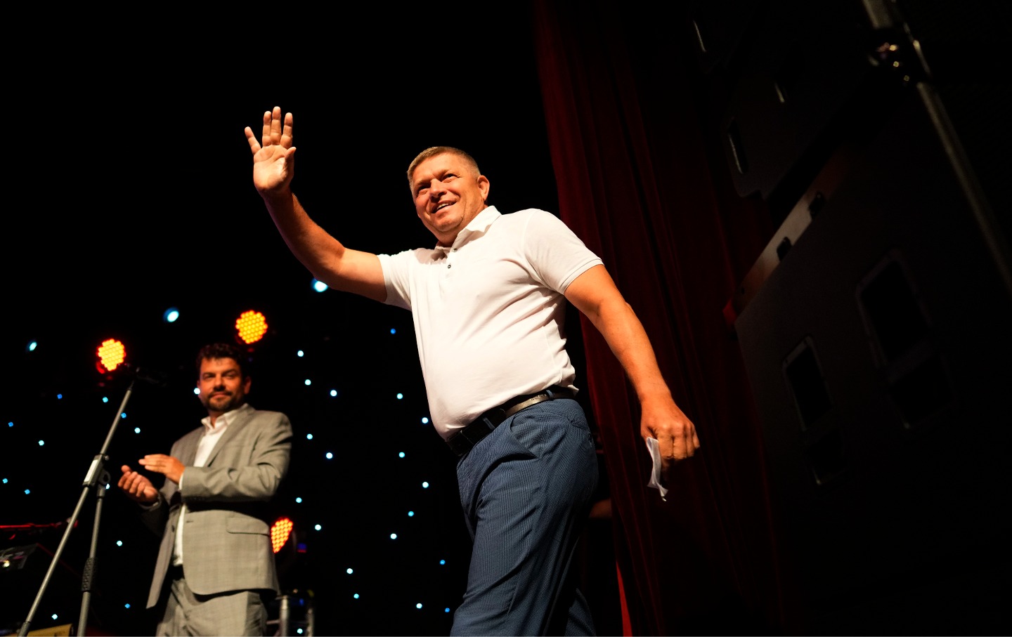 Former Slovak Prime Minister Robert Fico waves to his supporters during an election rally in Michalovce, Slovakia, Wednesday, Sept. 6, 2023.