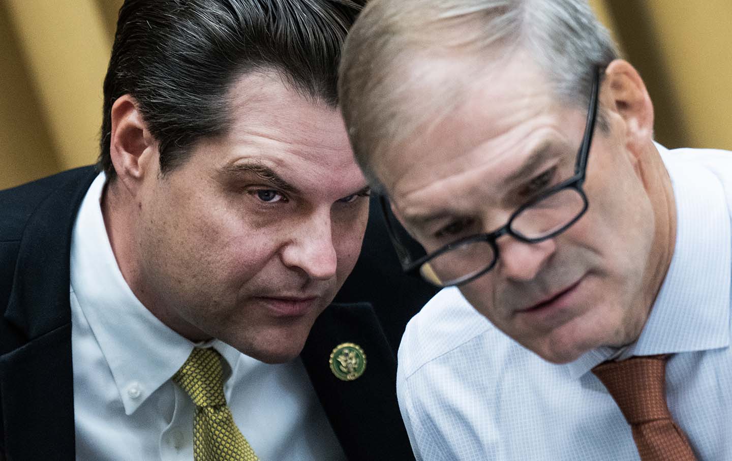 Representatives Matt Gaetz (R-Fla.), left, and Jim Jordan (R-Ohio) are seen during a break in testimony by Attorney General Merrick Garland at a House Judiciary Committee hearing on September 20, 2023.