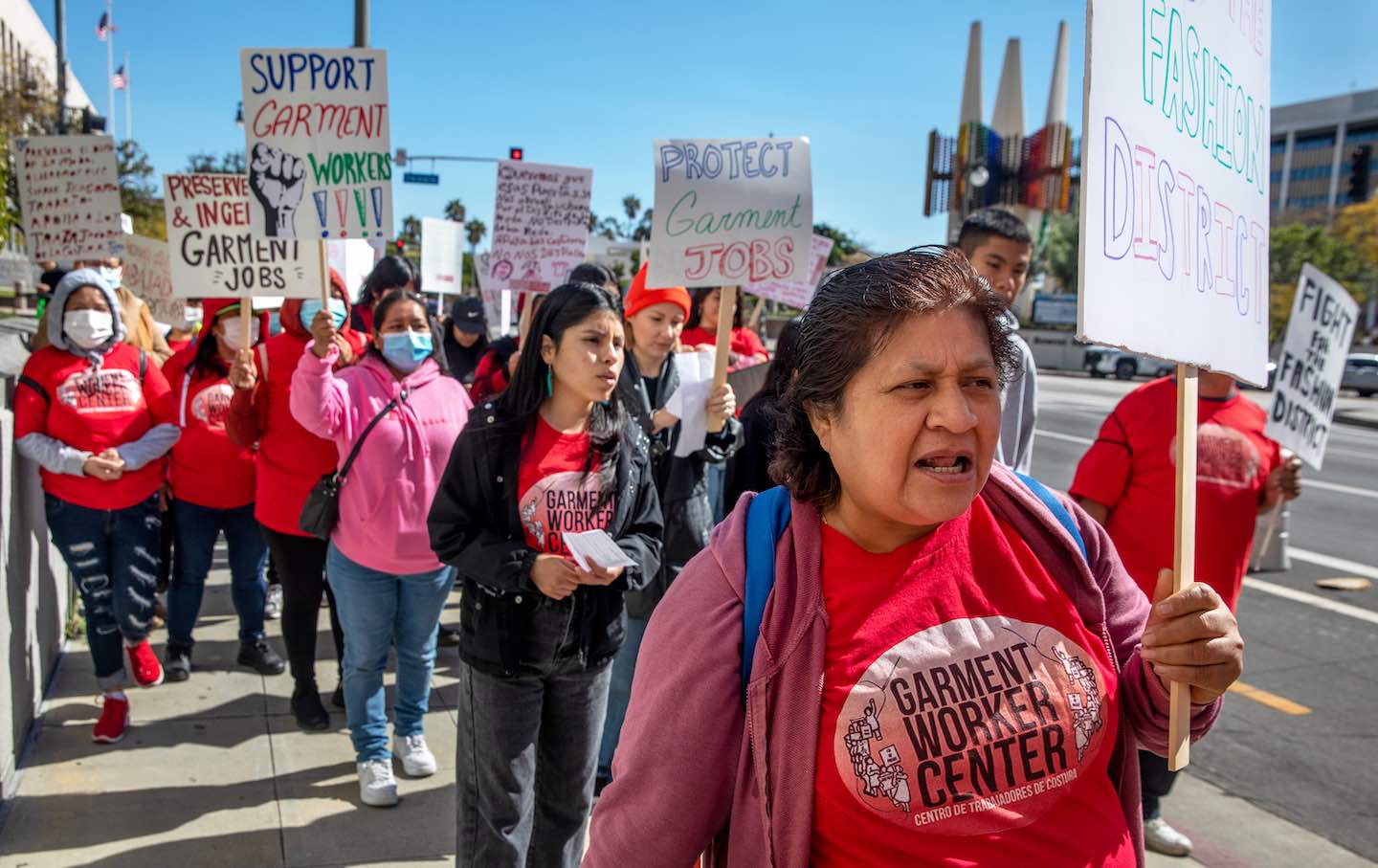 Garment workers rally at Los Angeles City Hall.