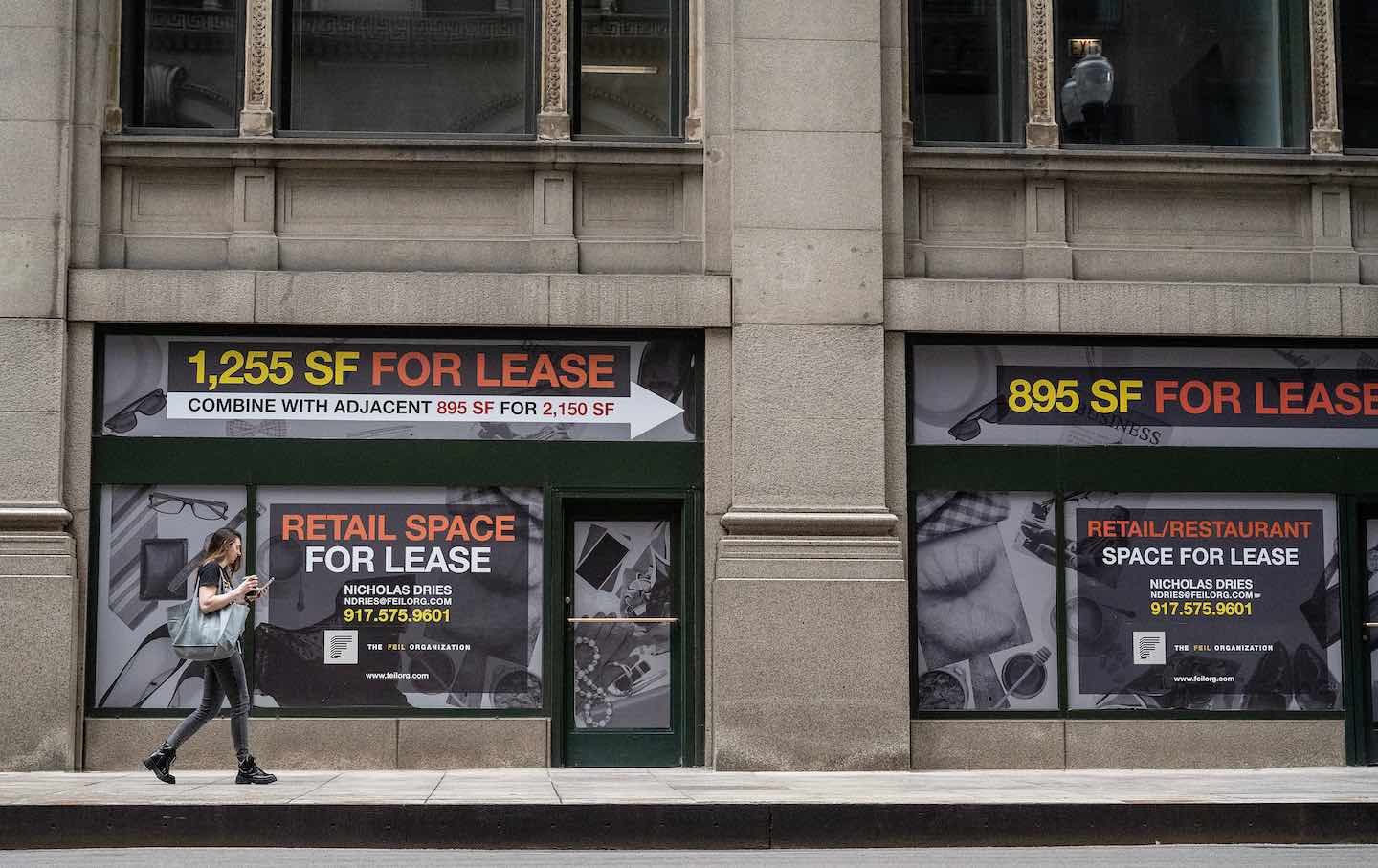 A “For Lease” sign on a storefront in the Loop neighborhood of Chicago on Friday, May 12, 2023.