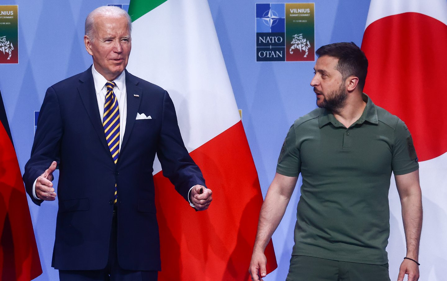 Joe Biden and Volodomyr Zelenskyy attend the G7 Declaration of Joint Support for Ukraine during the NATO Summit in Lithuania, on July 12.