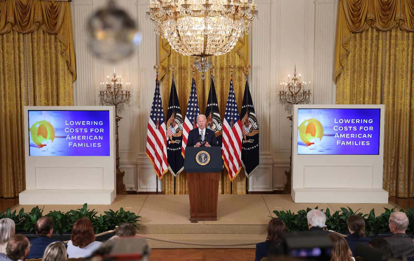 President Joe Biden speaks at an event promoting lower healthcare costs in the East Room of the White House on August 29 in Washington, D.C.