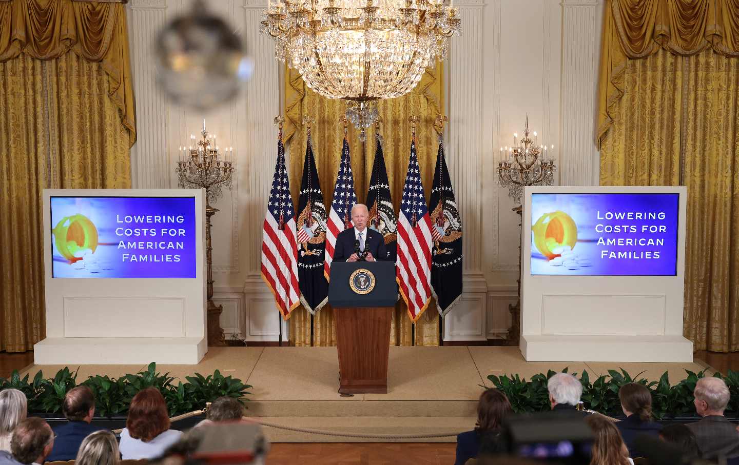 President Joe Biden speaks at an event promoting lower healthcare costs in the East Room of the White House on August 29 in Washington, D.C.