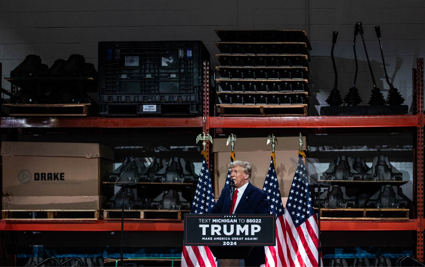 Donald Trump speaks during a campaign event at Drake Enterprises in Clinton Township, Michigan, US, on Wednesday, Sept. 27, 2023.