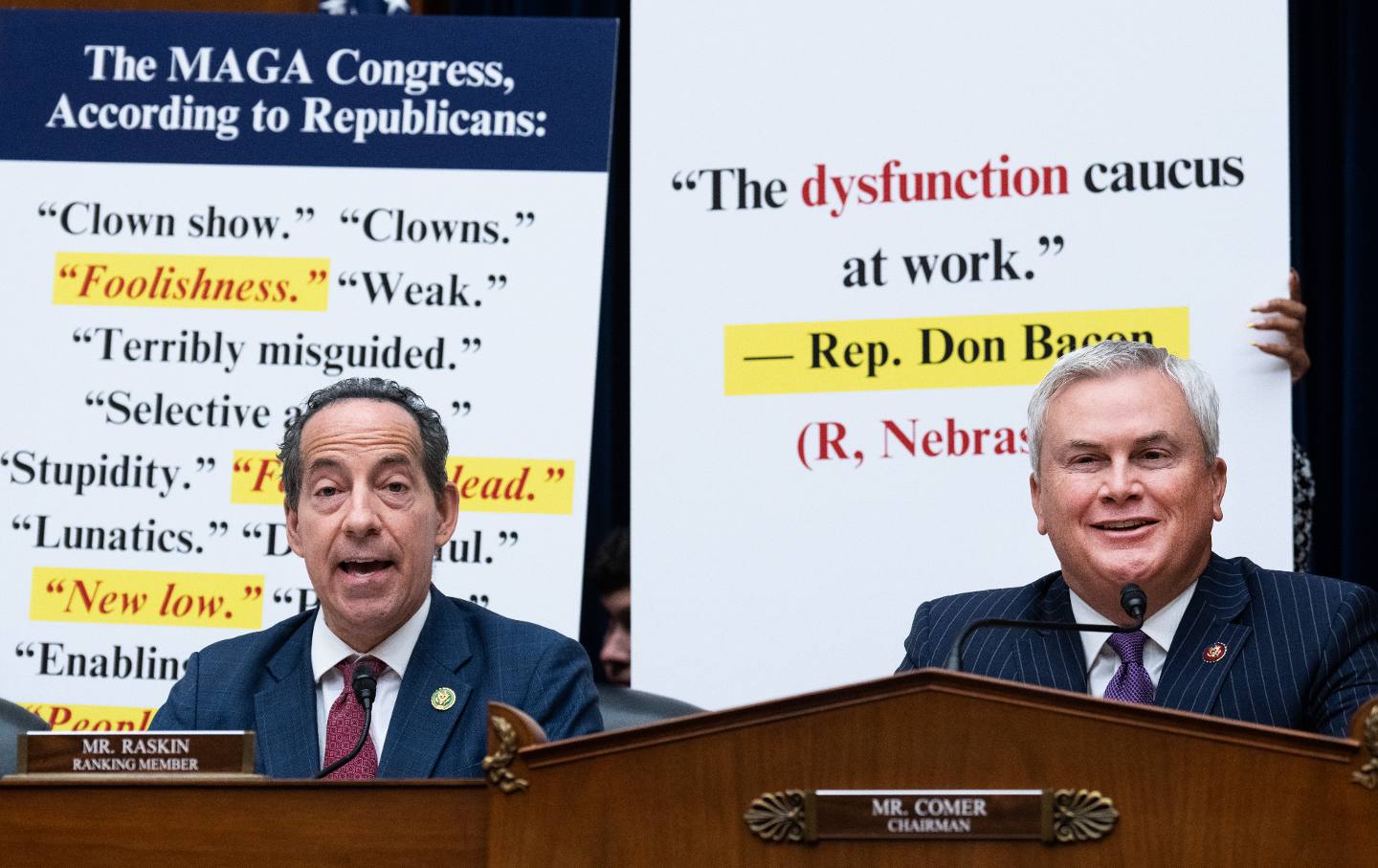 Ranking member Rep. Jamie Raskin, D-Md., cites quotes by Republican members as Chairman James Comer, R-Ky., looks on, during the House Oversight and Accountability Committee hearing titled 