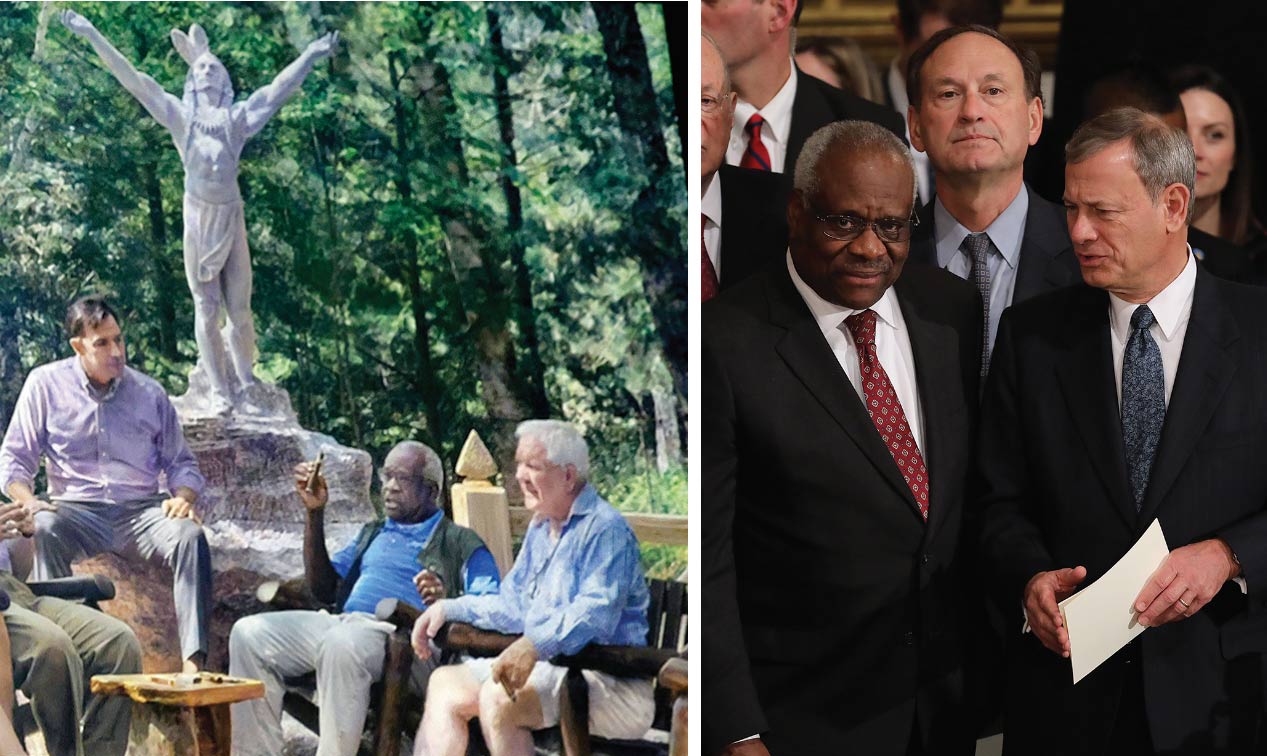 In this painting (left), Justice Clarence Thomas holds court at Harlan Crow’s Adirondak’s resort; (right) Thomas, Alito, and Chief Justice John Roberts.