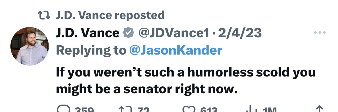 Twitter screenshot of JD Vance telling Jason Kander, "If you weren't such a humorless scold you might be a senator right now."