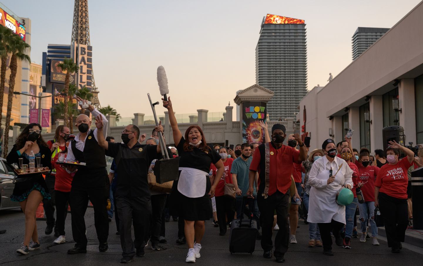 Union members and supporters march along the Strip during a Culinary Union “We Will Come Back Stronger!” rally in Las Vegas, Nev.