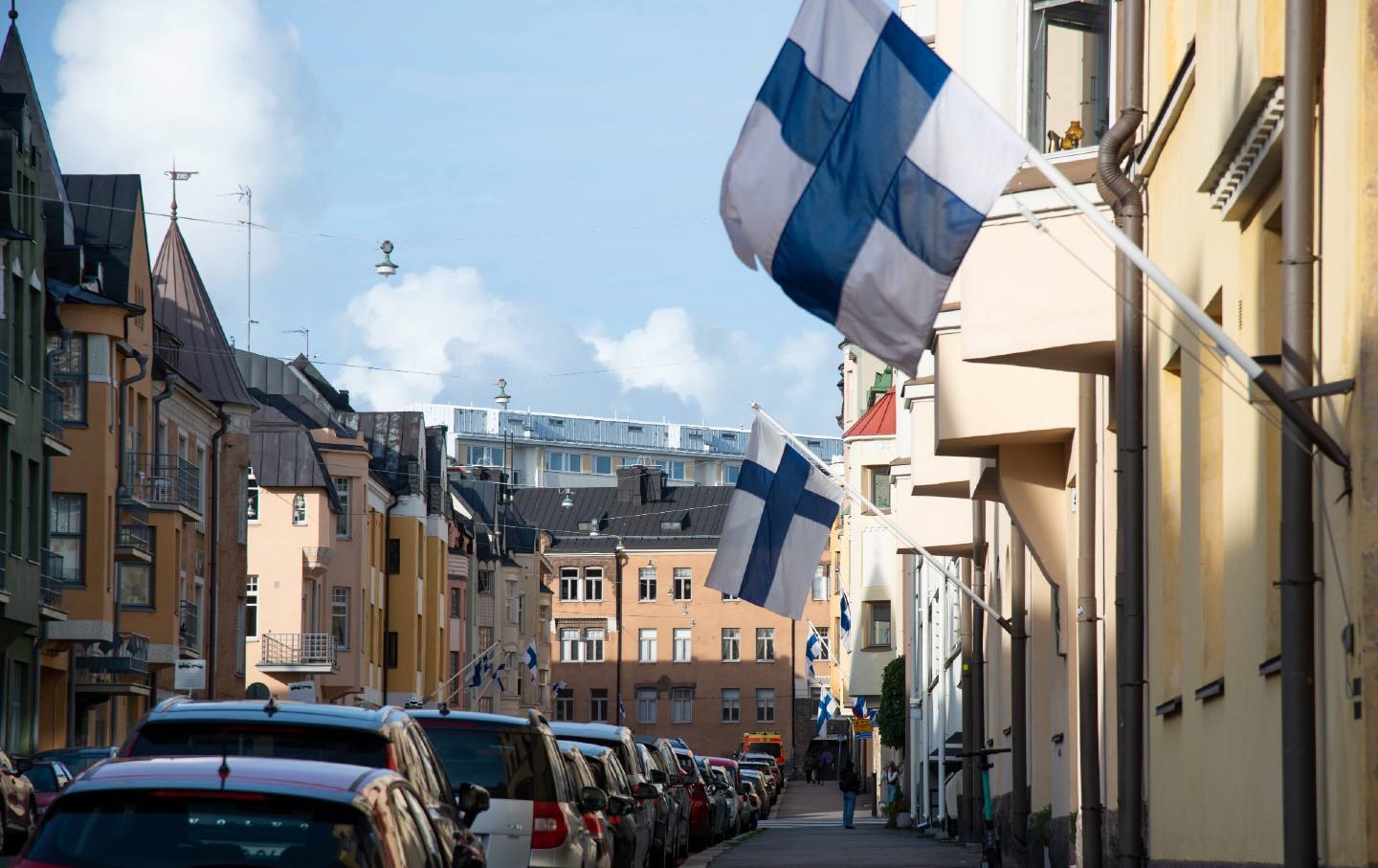 Flag of Finland displayed in a city