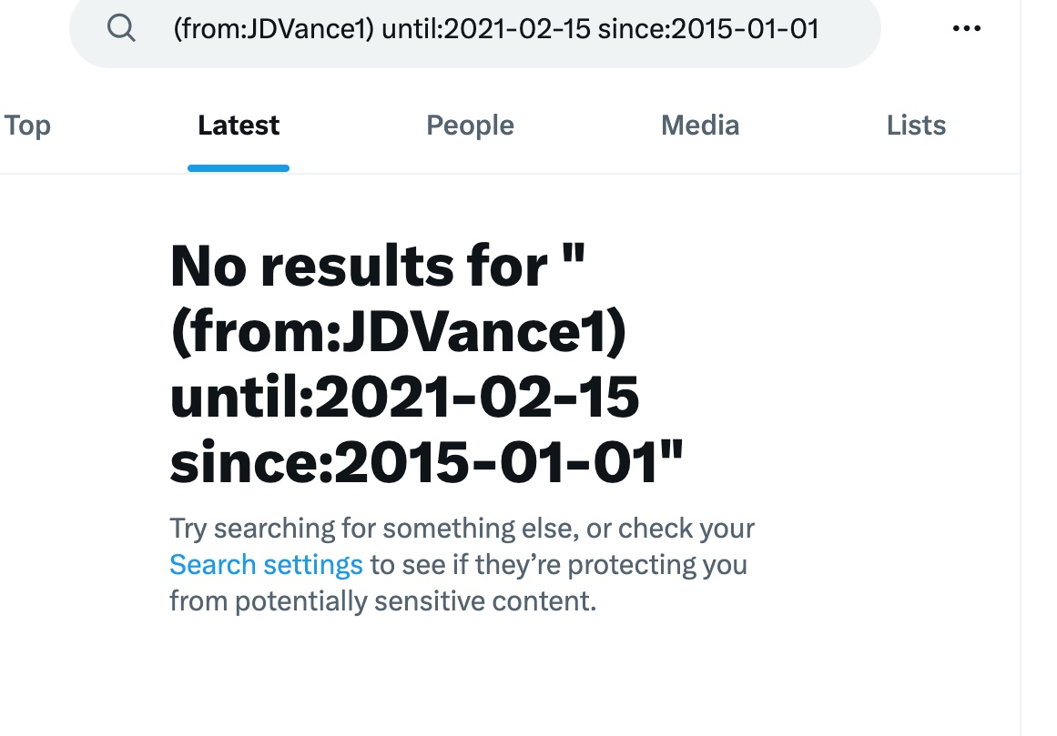 Screenshot of JD Vance's deleted Twitter history.