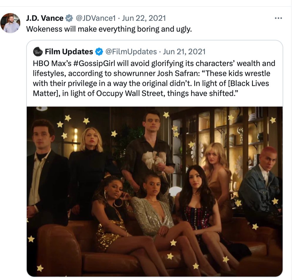 Screenshot of JD Vance saying of the new Gossip Girl, "wokeness will make everything boring and ugly."