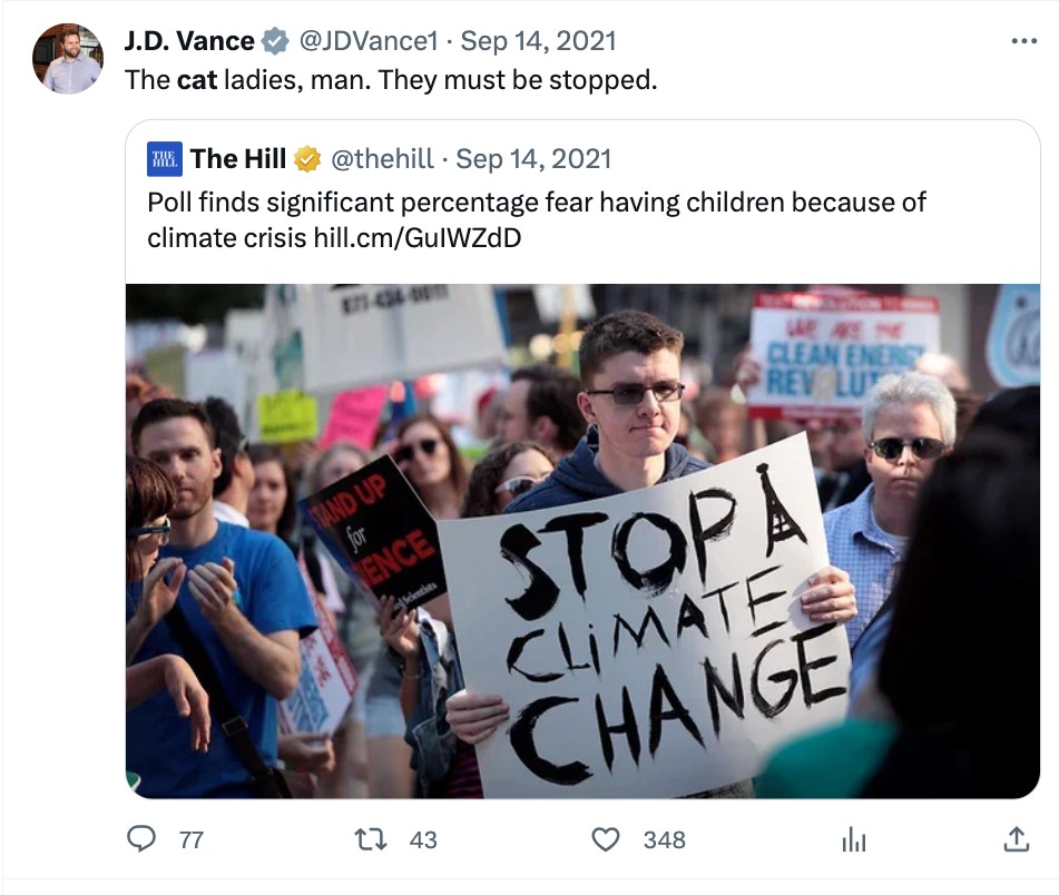 Twitter screenshot of JD Vance: "The cat ladies, man. They must be stopped"