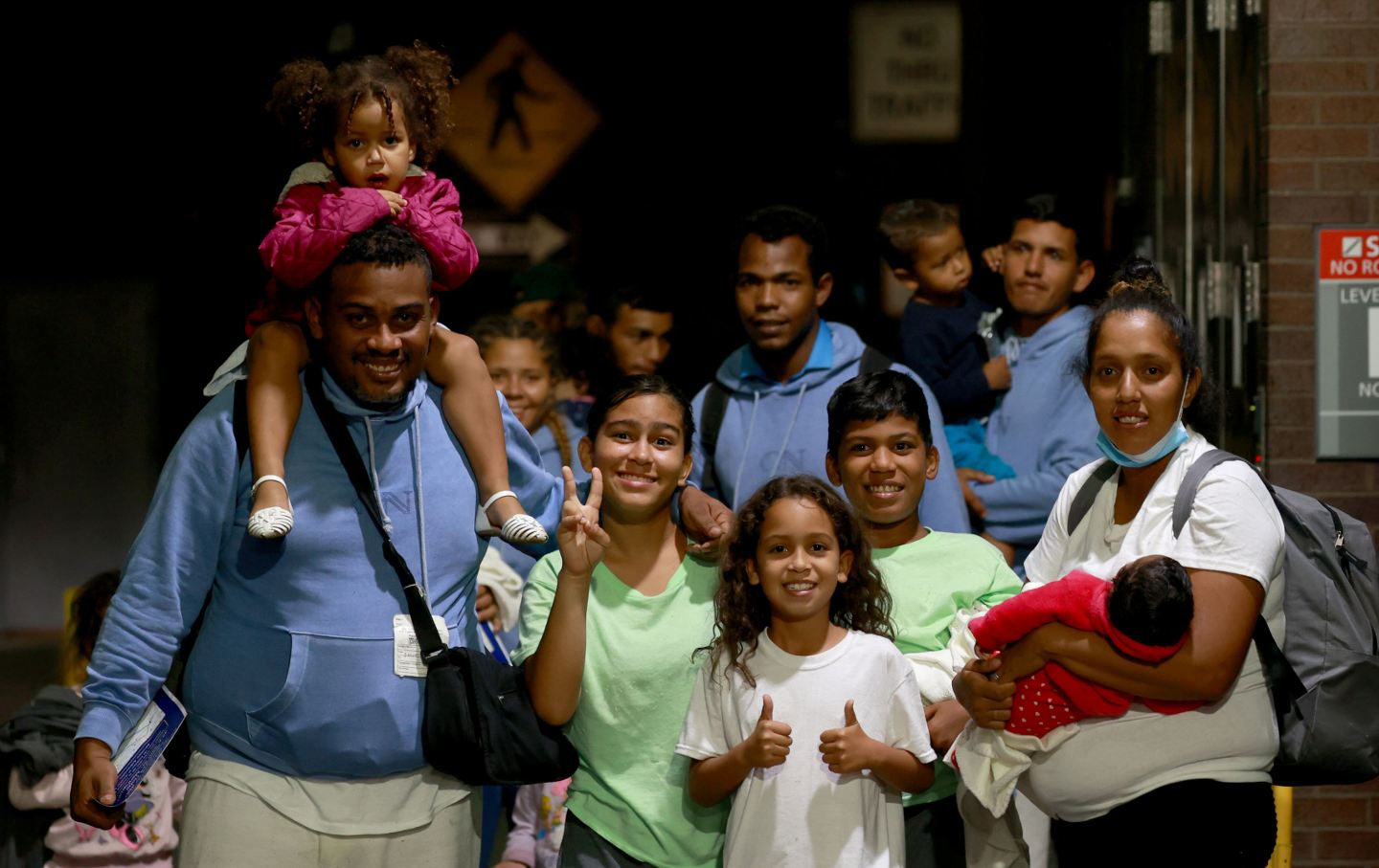 Seven members of the Cumales/Suarez family (kids aged 13, 12, 8, and 3 years, and one a month old) from Venezuela arrive from Texas at New York City’s Port Authority Bus Terminal early Wednesday, September 6, 2023.