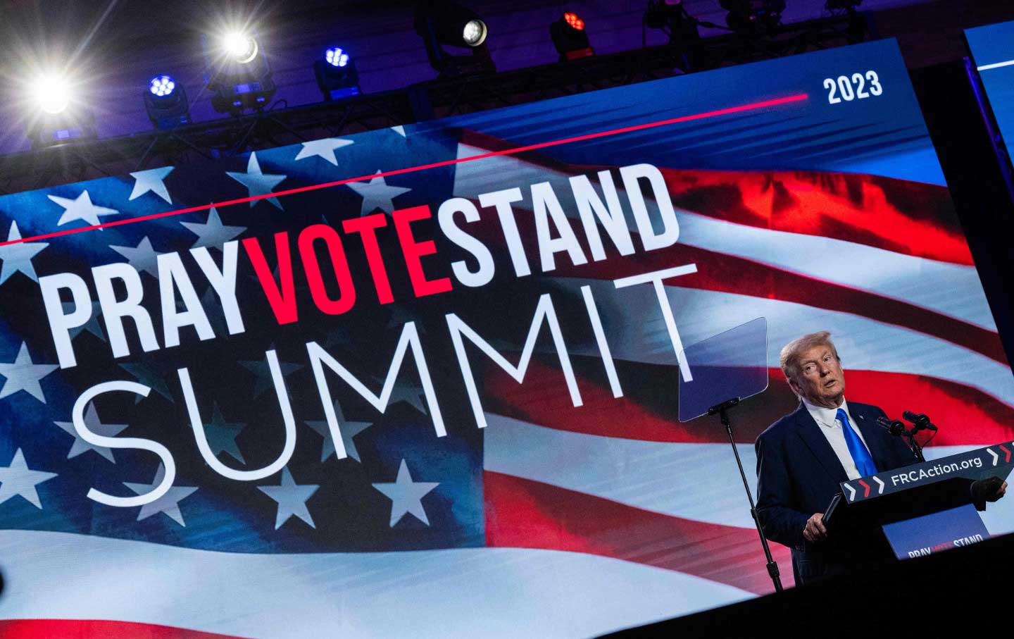 Former president Donald Trump speaks at the Pray Vote Stand summit in Washington, D.C,, on September 15, 2023.