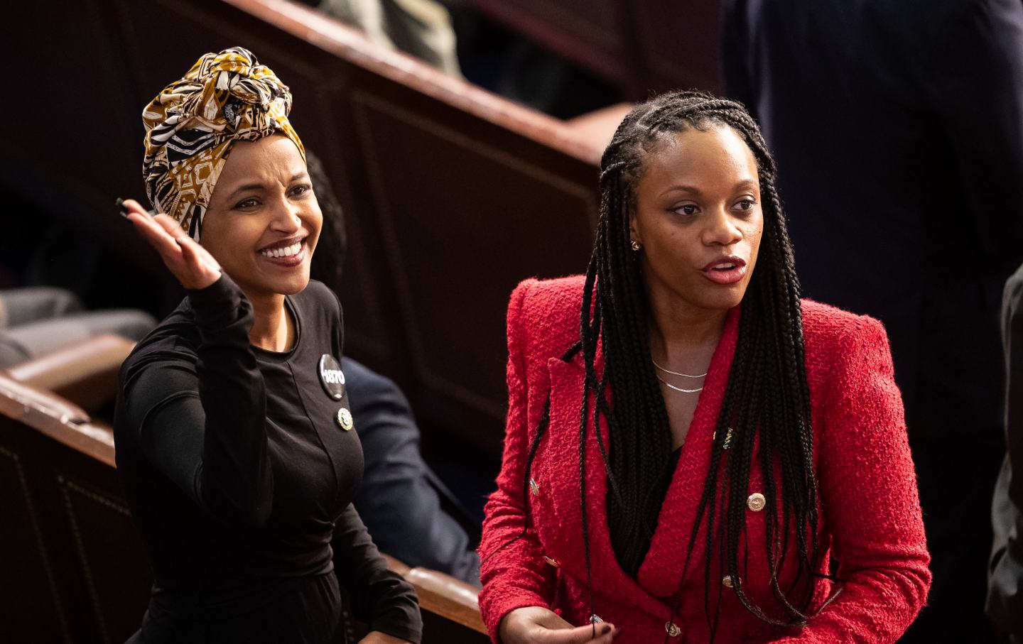 Representatives Ilhan Omar and Summer Lee at the State of the Union address on February 7, 2023.