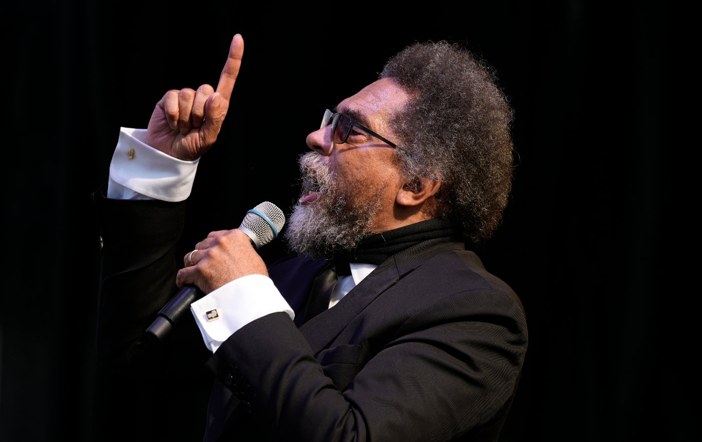 Dr. Cornel West gives the keynote address at the "#BLM Turns 10 People's Justice Festival" on July 15, 2023, in Los Angeles.