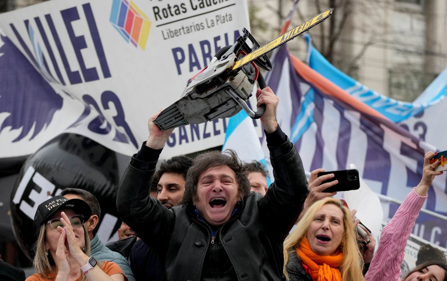 Javier Milei brandishes a chainsaw during a rally in La Plata, Argentina on September 12.