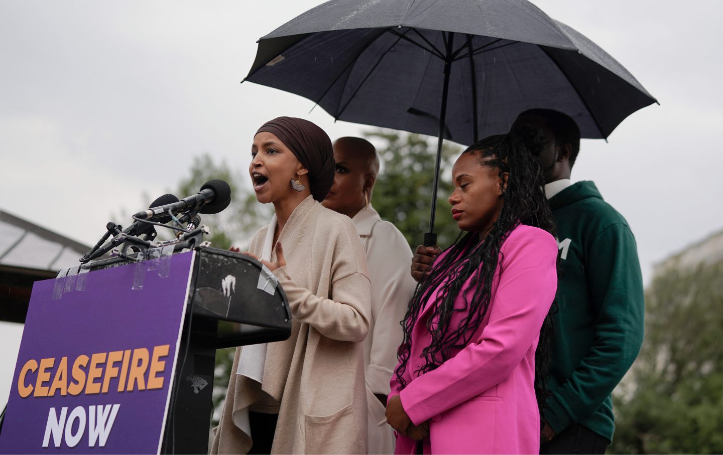 Rep. Ilhan Omar, D-Minn., left, talks during a press conference to call for a ceasefire in Israel and Gaza on Capitol Hill, Friday, Oct. 20, 2023, in Washington.