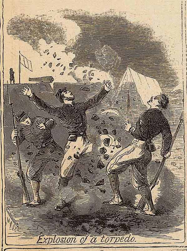 An 1862 Harper’s Weekly sketch portrays the maiming of a Union solider by an early form of land mines.