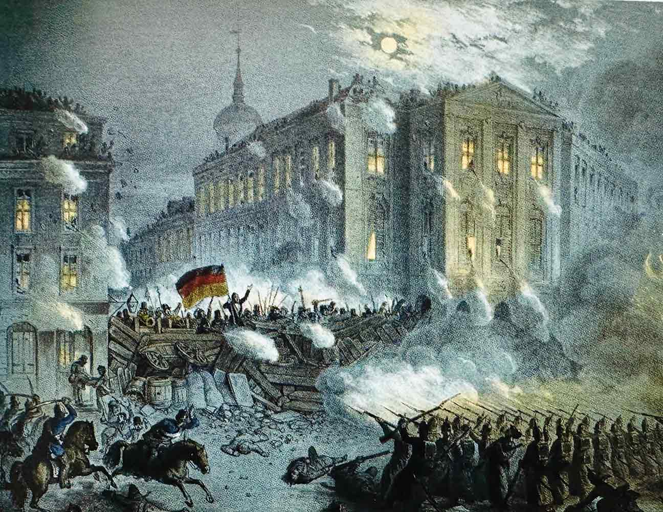 Barricade fight in Berlin, March 1848.