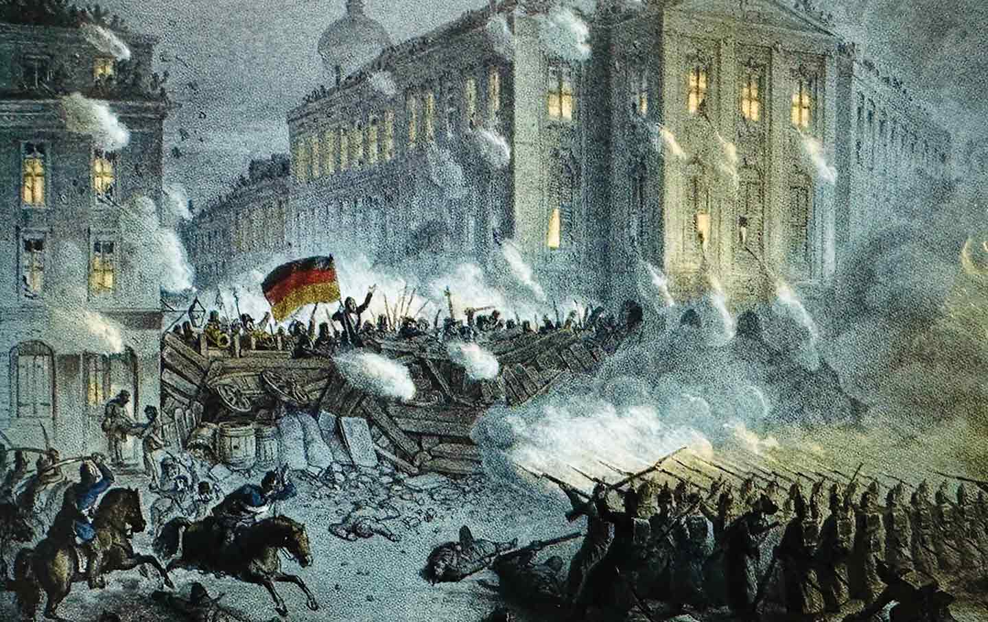 Barricade fight in Berlin, March 1848.