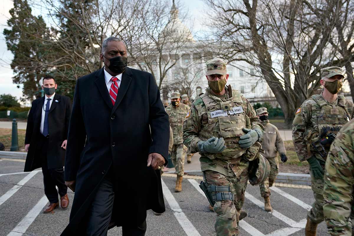 Secretary of Defense Lloyd Austin visits National Guard troops stationed around the US Capitol in 2021.