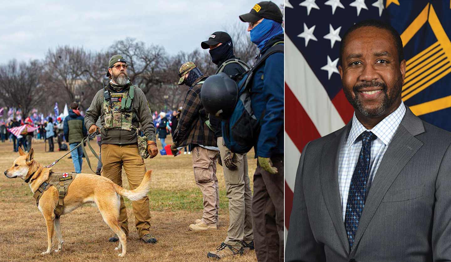 An Oath Keeper at the “Stop the Steal” rally (left); Bishop Garrison, the Pentagon’s monitor of military extremism.