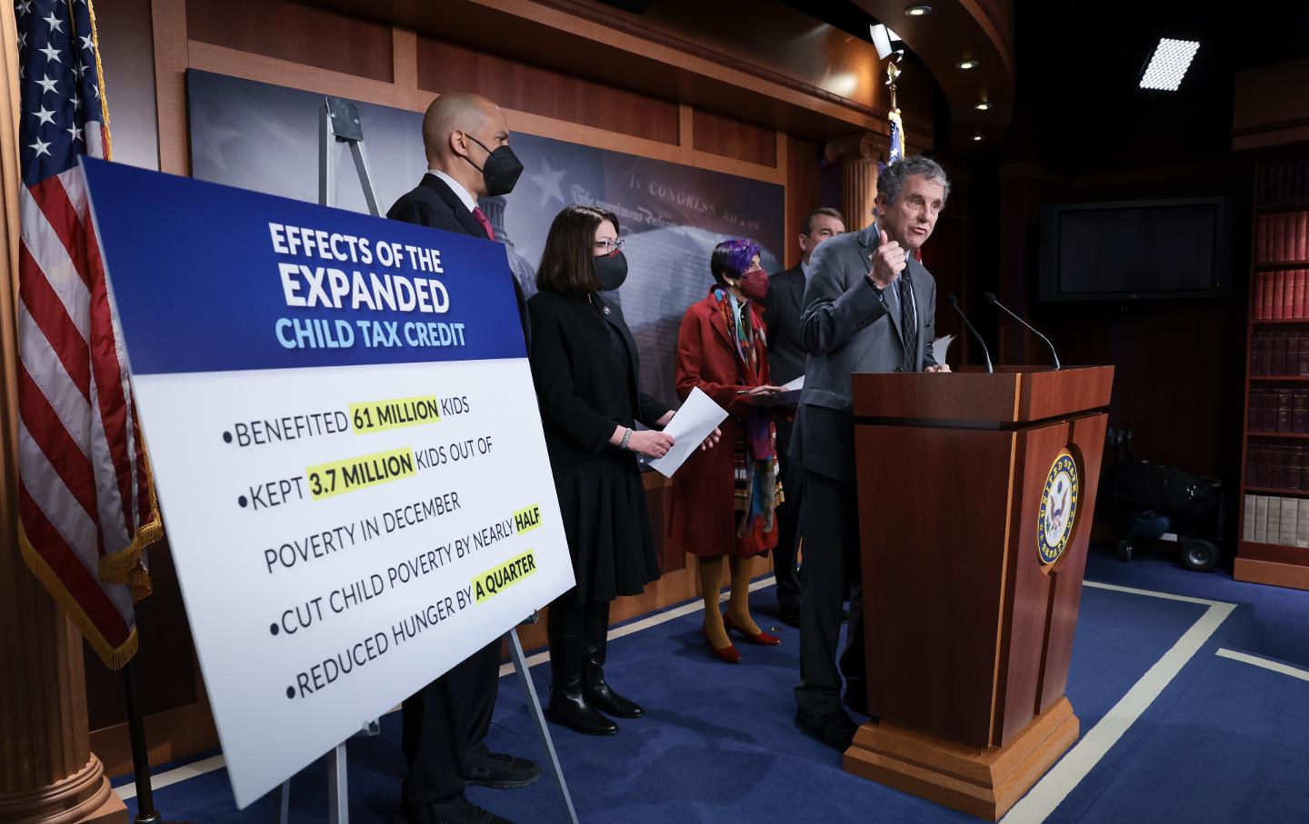 Senator Sherrod Brown (right) (D-Ohio) speaks during a press conference about the child tax credit on February 8, 2022.