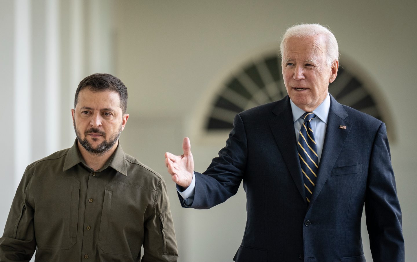 President of Ukraine Volodymyr Zelensky and U.S. President Joe Biden walk to the Oval Office of the White House September 21, 2023 in Washington, DC.