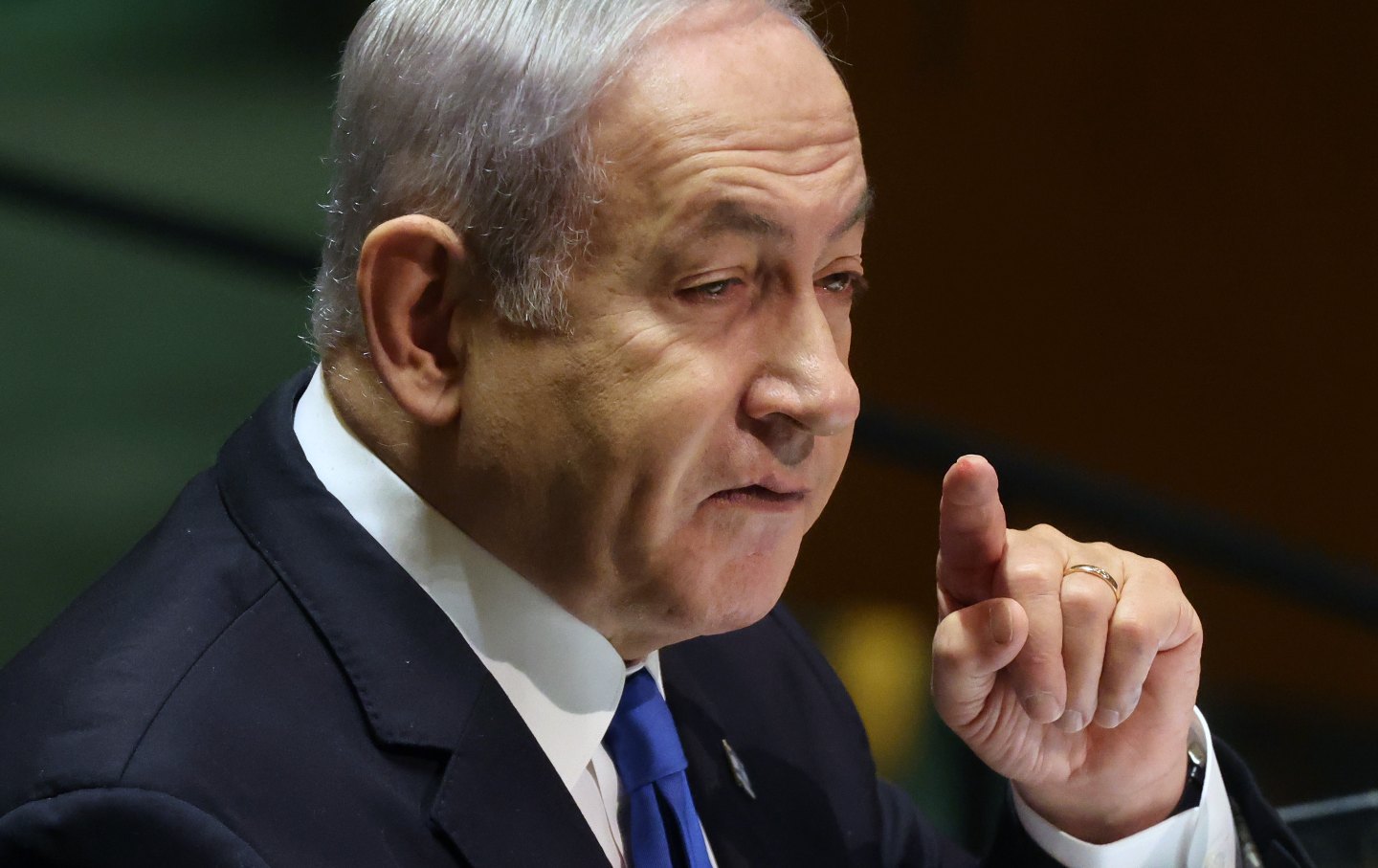 Israeli Prime Minister Benjamin Netanyahu addresses world leaders during the United Nations General Assembly on September 22, 2023 in New York City.