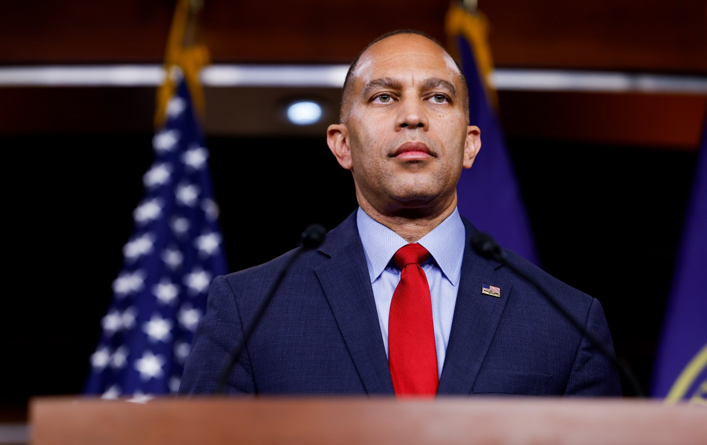 House Minority Leader Hakeem Jeffries (D-NY) speaks to reporters at a press conference on government funding in the U.S. Capitol on September 29, 2023.