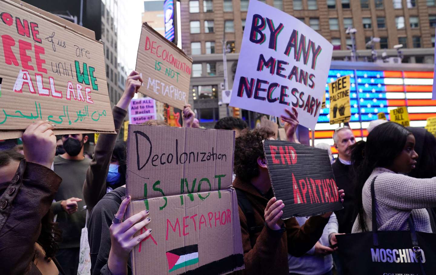 People rally in support of Palestinians in Times Square in New York on October 8, 2023.
