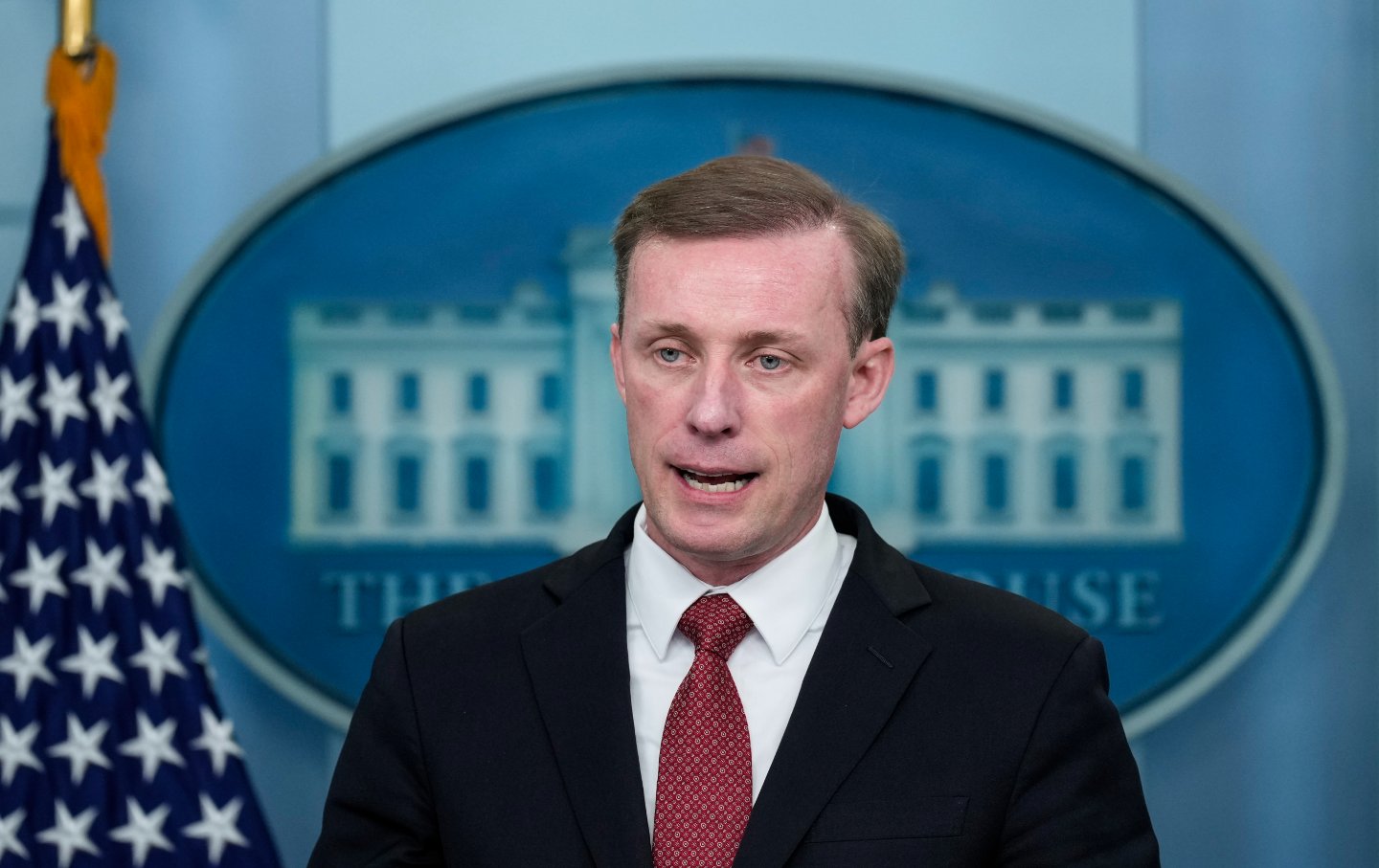 U.S. National Security Advisor Jake Sullivan speaks at a White House press briefing after U.S. President Joe Biden gave remarks on the terrorist attacks in Israel, on October 10, 2023.