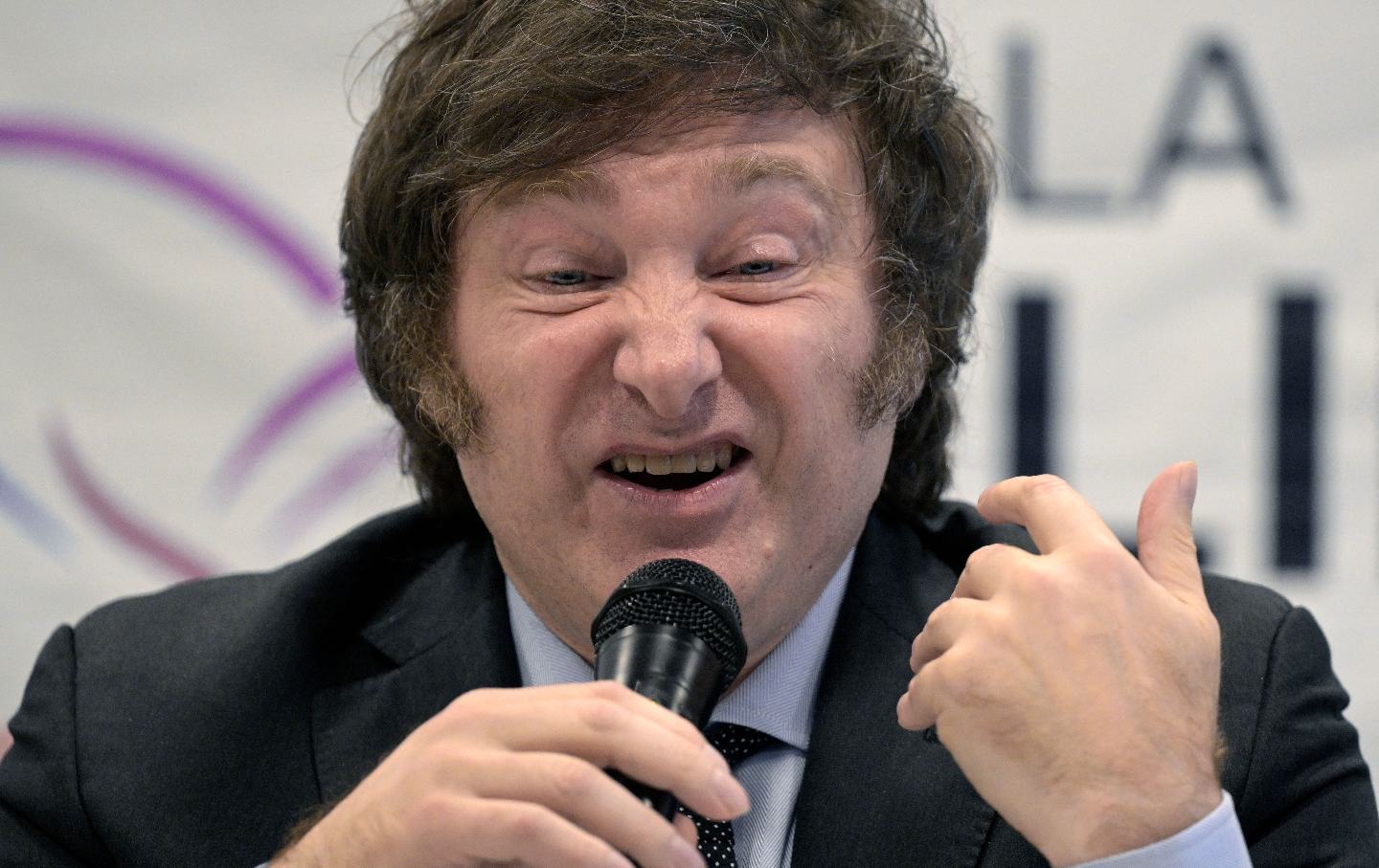 Lawmaker and presidential candidate for La Libertad Avanza Javier Milei speaks during a press conference in Buenos Aires on October 11, 2023, ahead of Argentina’s presidential elections.