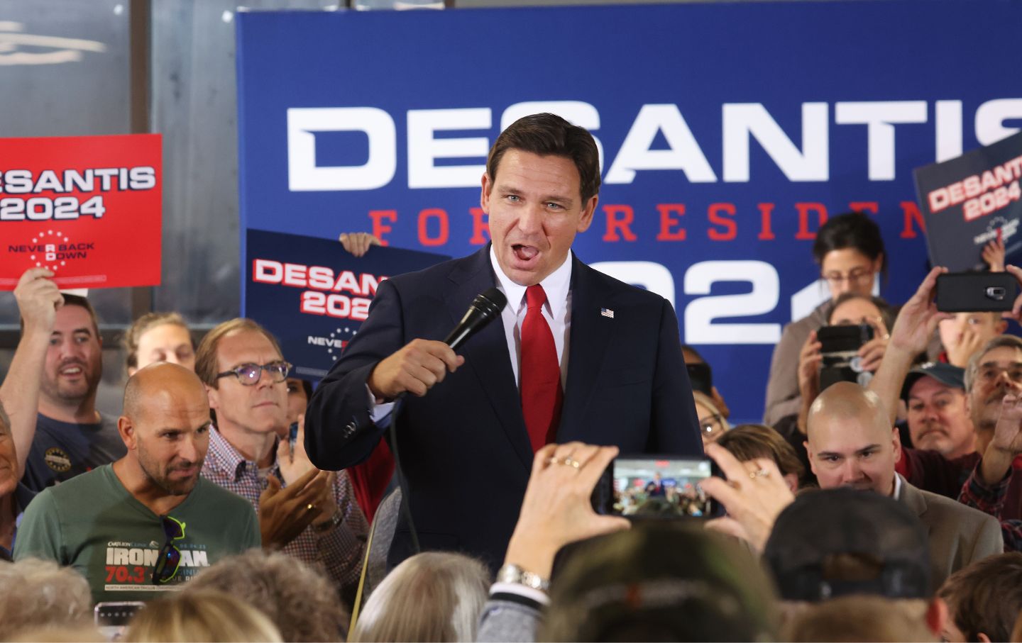 Republican presidential candidate Florida Governor Ron DeSantis speaks to guests during a campaign event at Refuge City Church on October 08, 2023 in Cedar Rapids, Iowa