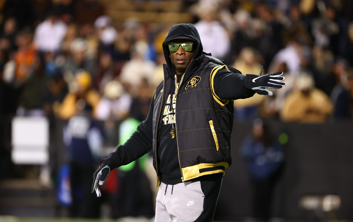 Colorado head coach Deion Sanders looks on prior to game vs Stanford at Folsom Field.